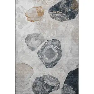 Photo of Gray Charcoal And Beige Geometric Washable Area Rug With UV Protection