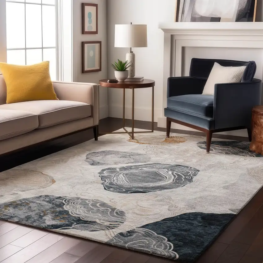 Gray Charcoal And Beige Geometric Washable Area Rug With UV Protection Photo 5