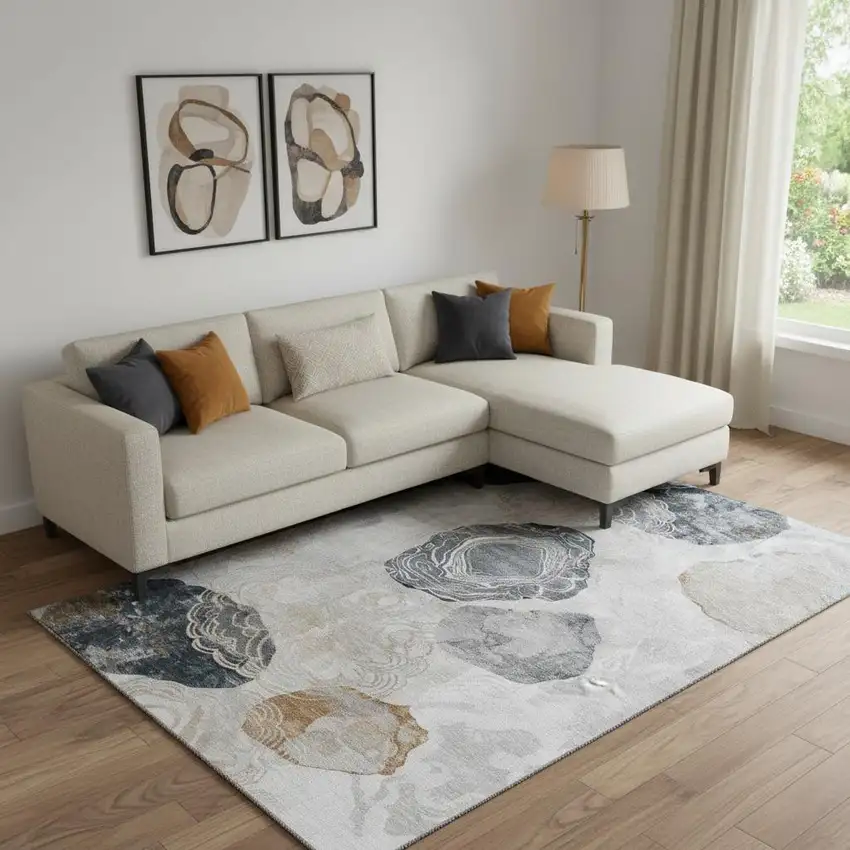 Gray Charcoal And Beige Geometric Washable Area Rug With UV Protection Photo 2