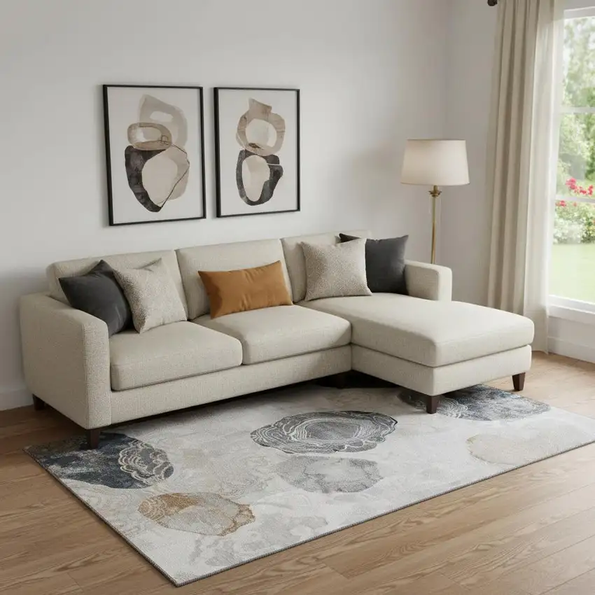 Gray Charcoal And Beige Geometric Washable Area Rug With UV Protection Photo 2