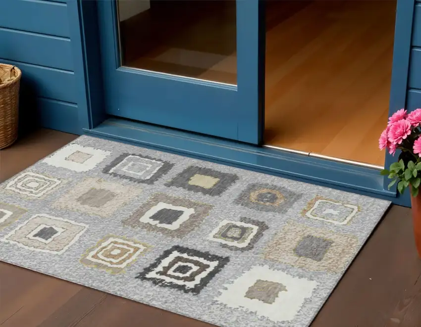 Gray Charcoal And Beige Geometric Washable Indoor Outdoor Area Rug Photo 2