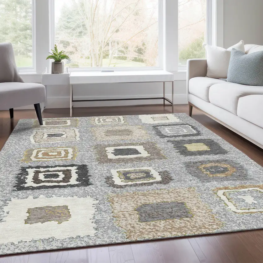 Gray Charcoal And Beige Geometric Washable Indoor Outdoor Area Rug Photo 7