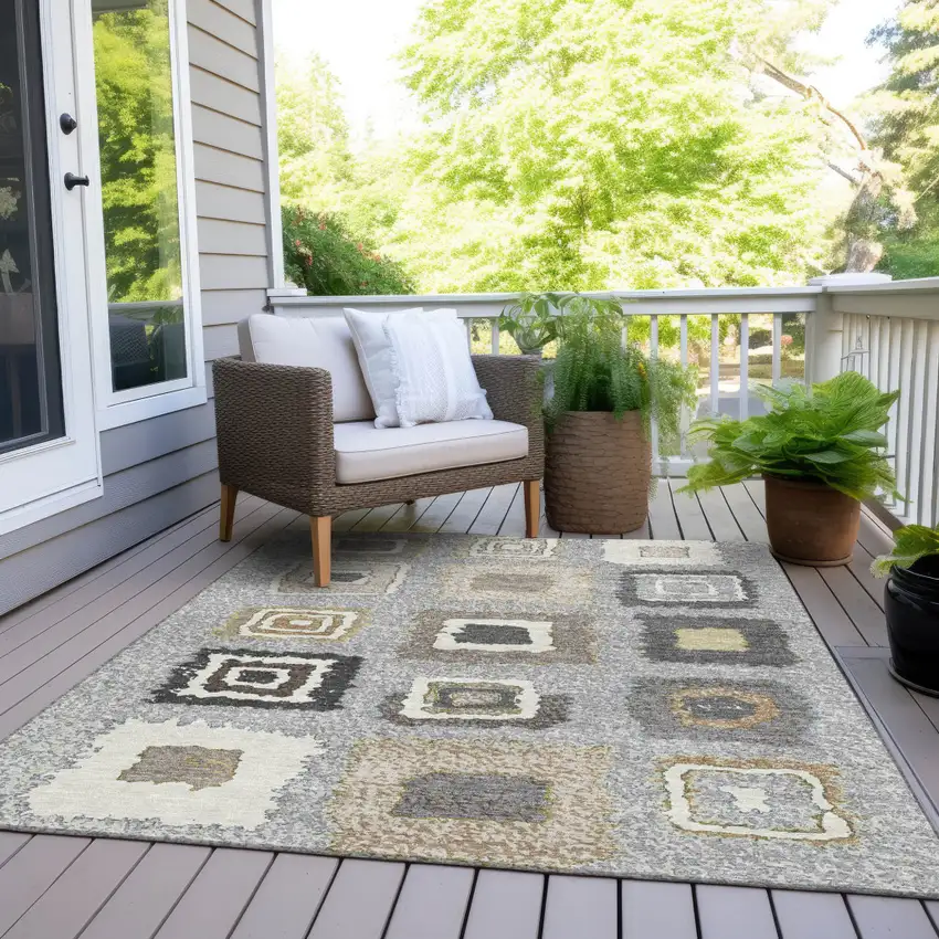 Gray Charcoal And Beige Geometric Washable Indoor Outdoor Area Rug Photo 8