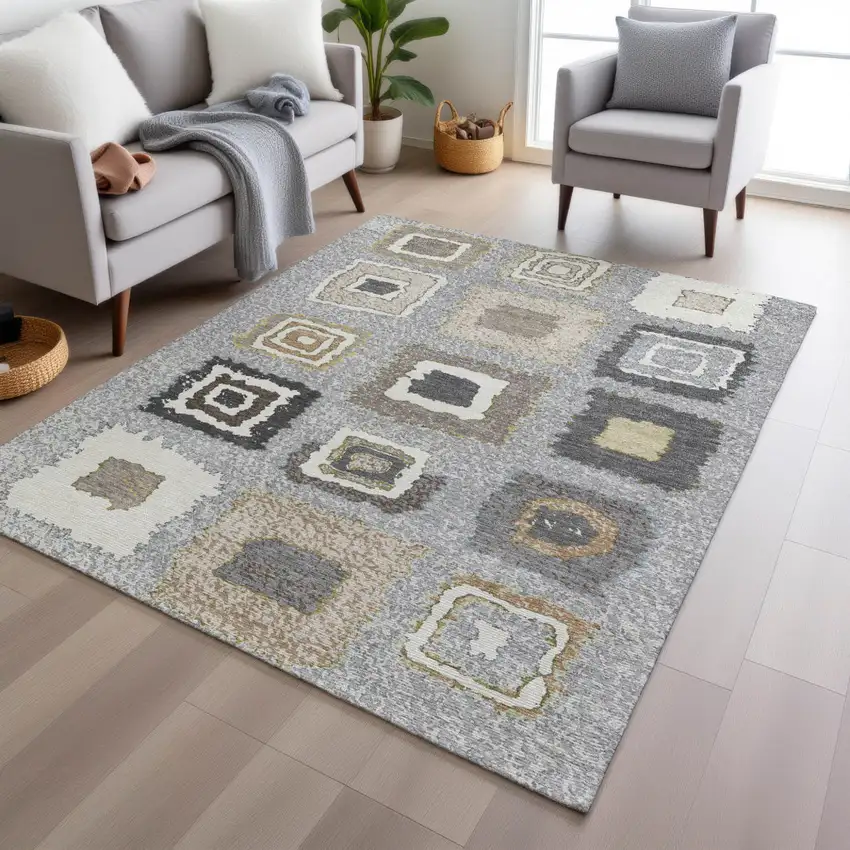 Gray Charcoal And Beige Geometric Washable Indoor Outdoor Area Rug Photo 6