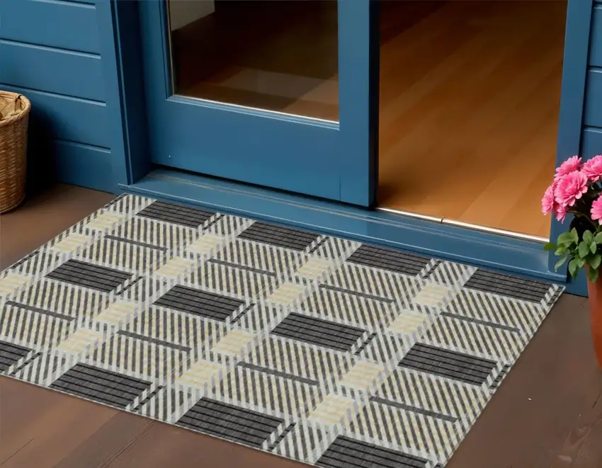 Gray Charcoal And Black Plaid Washable Indoor Outdoor Area Rug Photo 1