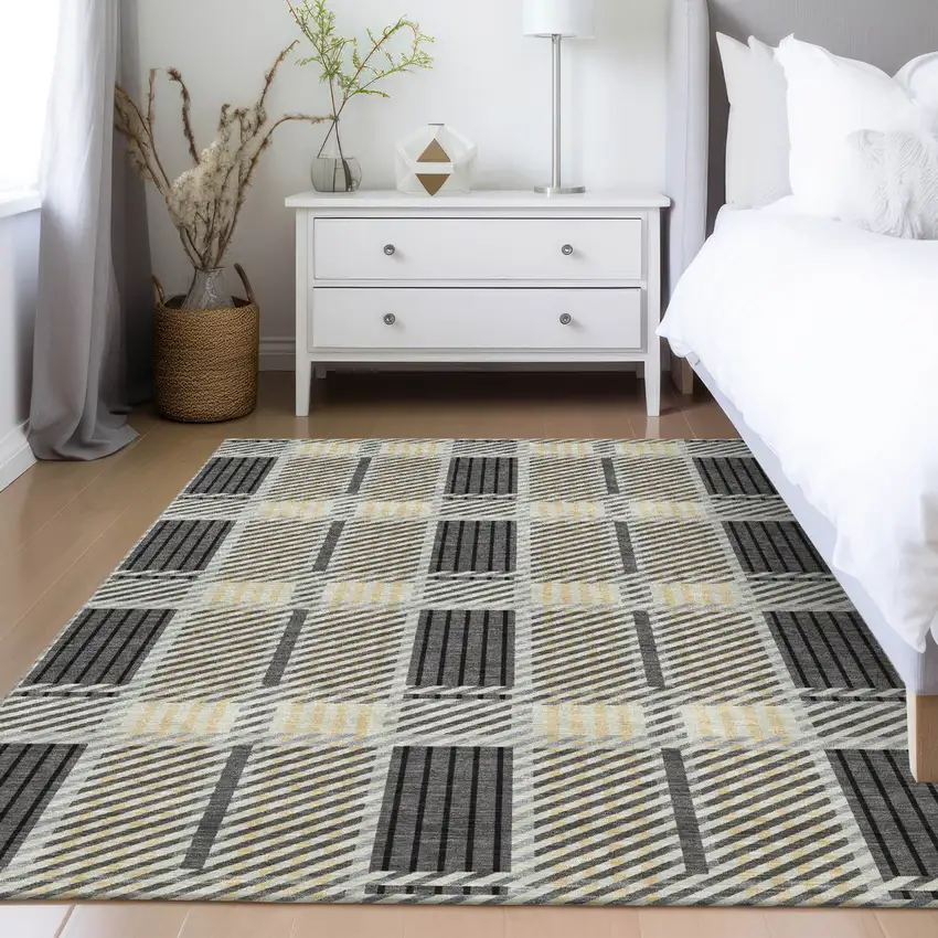 Gray Charcoal And Black Plaid Washable Indoor Outdoor Area Rug Photo 9