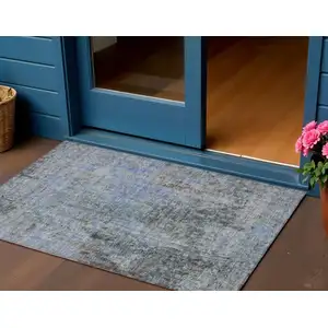 Photo of Gray Charcoal And Blue Abstract Washable Indoor Outdoor Area Rug