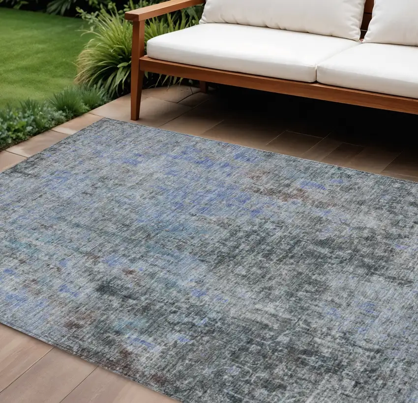 Gray Charcoal And Blue Abstract Washable Indoor Outdoor Area Rug Photo 1
