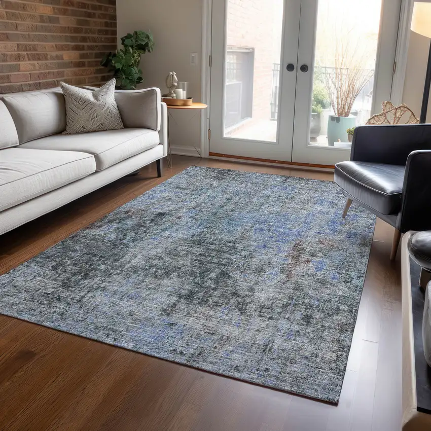 Gray Charcoal And Blue Abstract Washable Indoor Outdoor Area Rug Photo 8