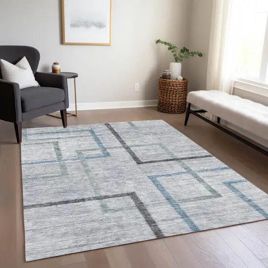 Gray Charcoal And Blue Geometric Washable Indoor Outdoor Area Rug Photo 9