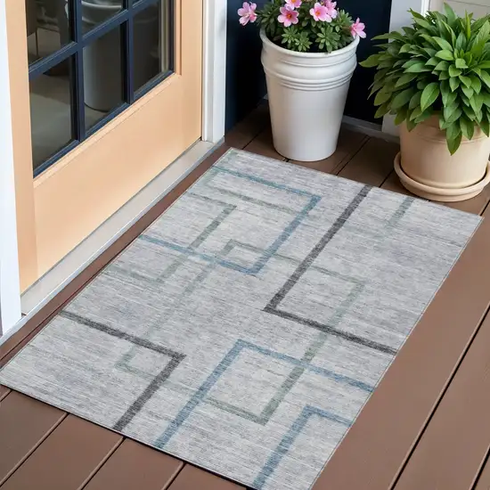 Gray Charcoal And Blue Geometric Washable Indoor Outdoor Area Rug Photo 1