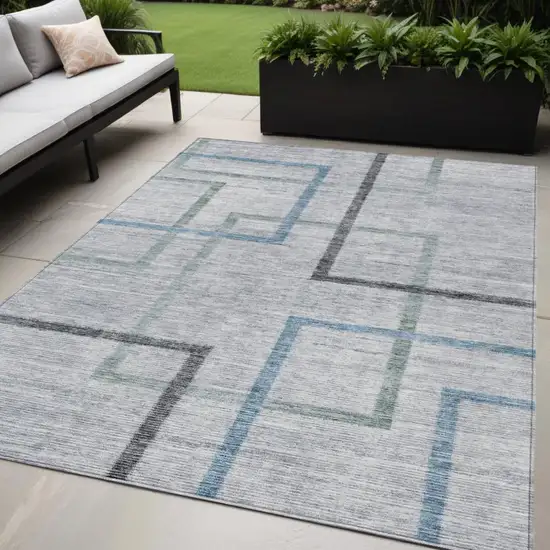 Gray Charcoal And Blue Geometric Washable Indoor Outdoor Area Rug Photo 1