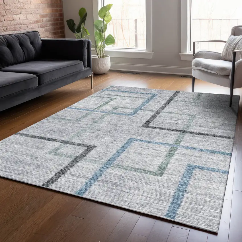 Gray Charcoal And Blue Geometric Washable Indoor Outdoor Area Rug Photo 9