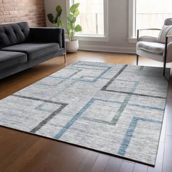 Gray Charcoal And Blue Geometric Washable Indoor Outdoor Area Rug Photo 9