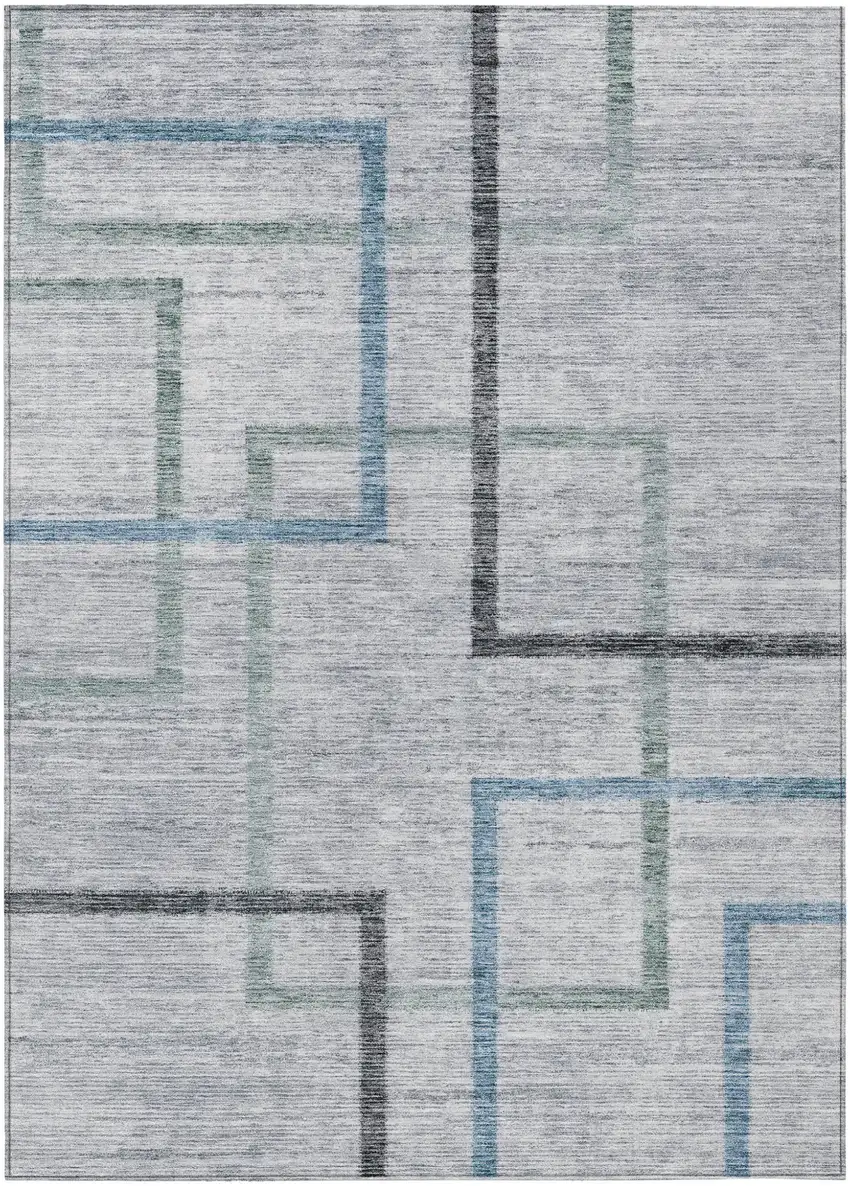 Gray Charcoal And Blue Geometric Washable Indoor Outdoor Area Rug Photo 2