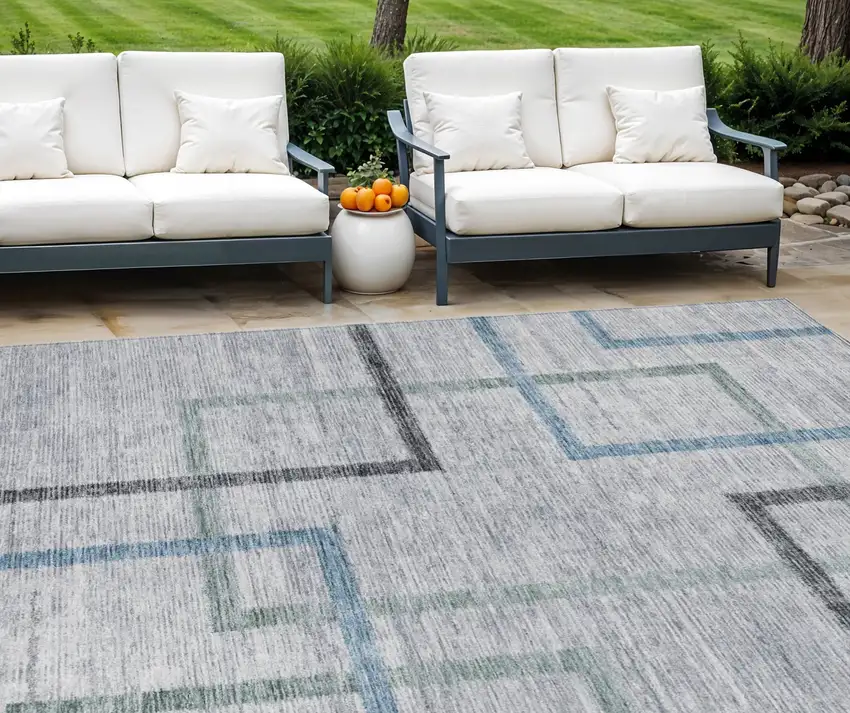Gray Charcoal And Blue Geometric Washable Indoor Outdoor Area Rug Photo 1