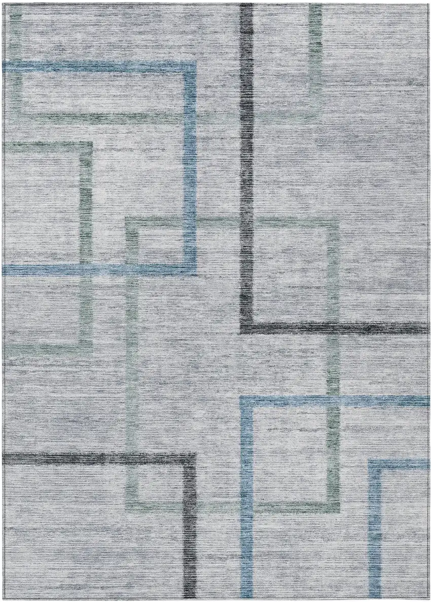Gray Charcoal And Blue Geometric Washable Indoor Outdoor Area Rug Photo 2