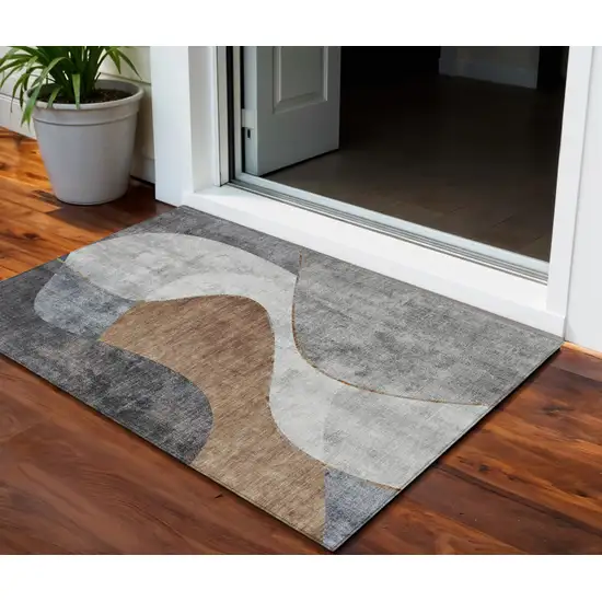 Gray Charcoal And Brown Abstract Washable Indoor Outdoor Area Rug Photo 1