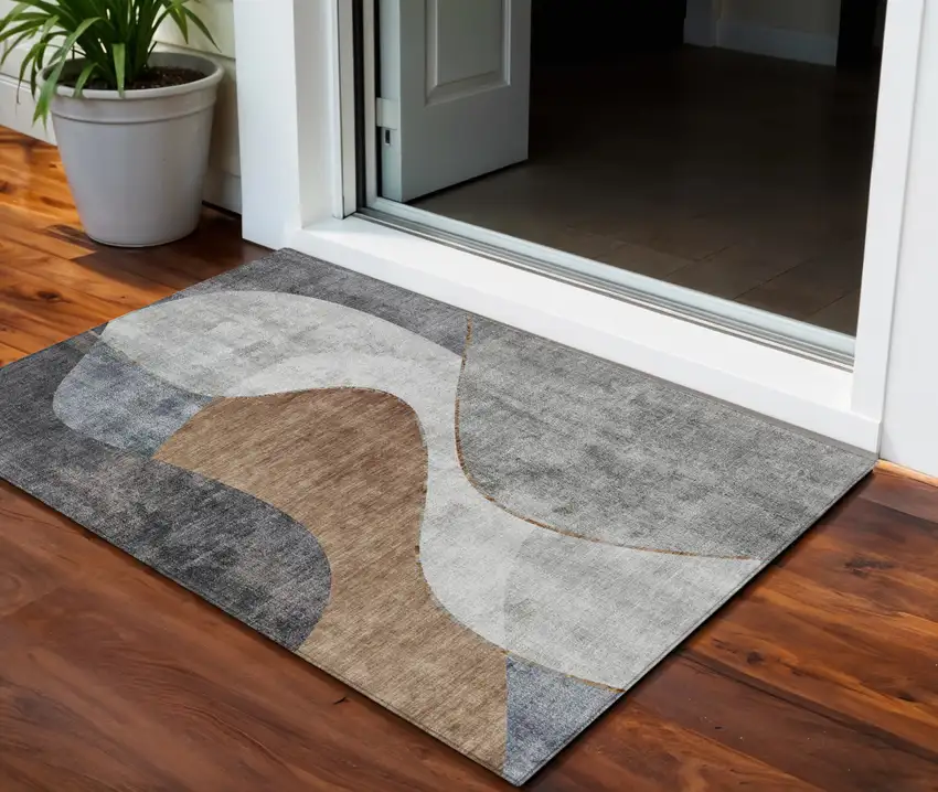 Gray Charcoal And Brown Abstract Washable Indoor Outdoor Area Rug Photo 1