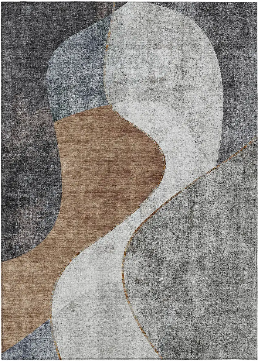 Gray Charcoal And Brown Abstract Washable Indoor Outdoor Area Rug Photo 1