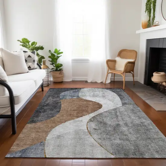 Gray Charcoal And Brown Abstract Washable Indoor Outdoor Area Rug Photo 8