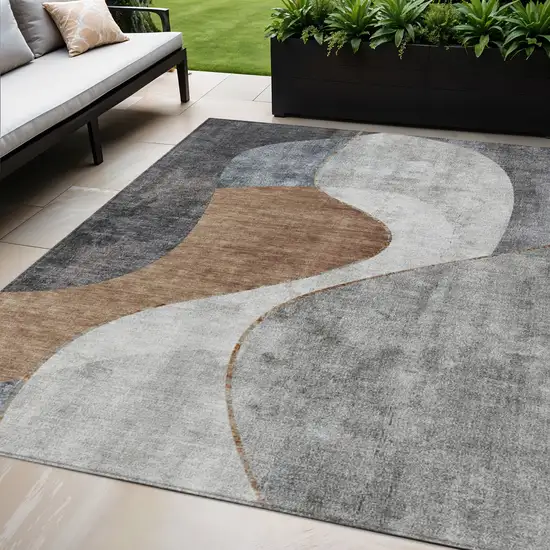 Gray Charcoal And Brown Abstract Washable Indoor Outdoor Area Rug Photo 1