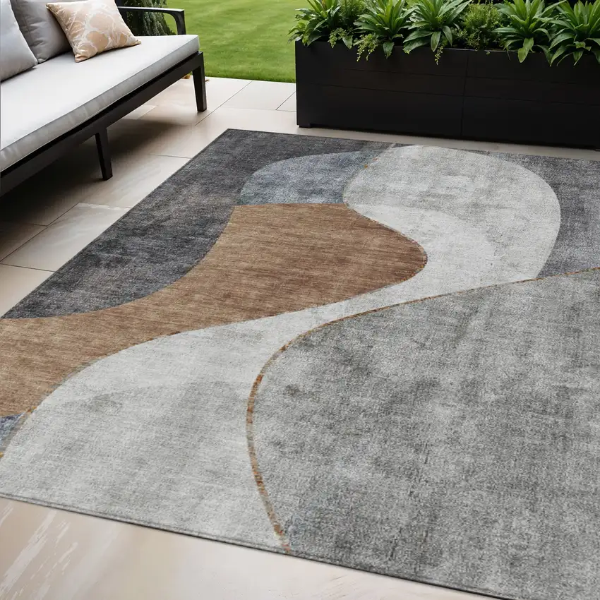 Gray Charcoal And Brown Abstract Washable Indoor Outdoor Area Rug Photo 1