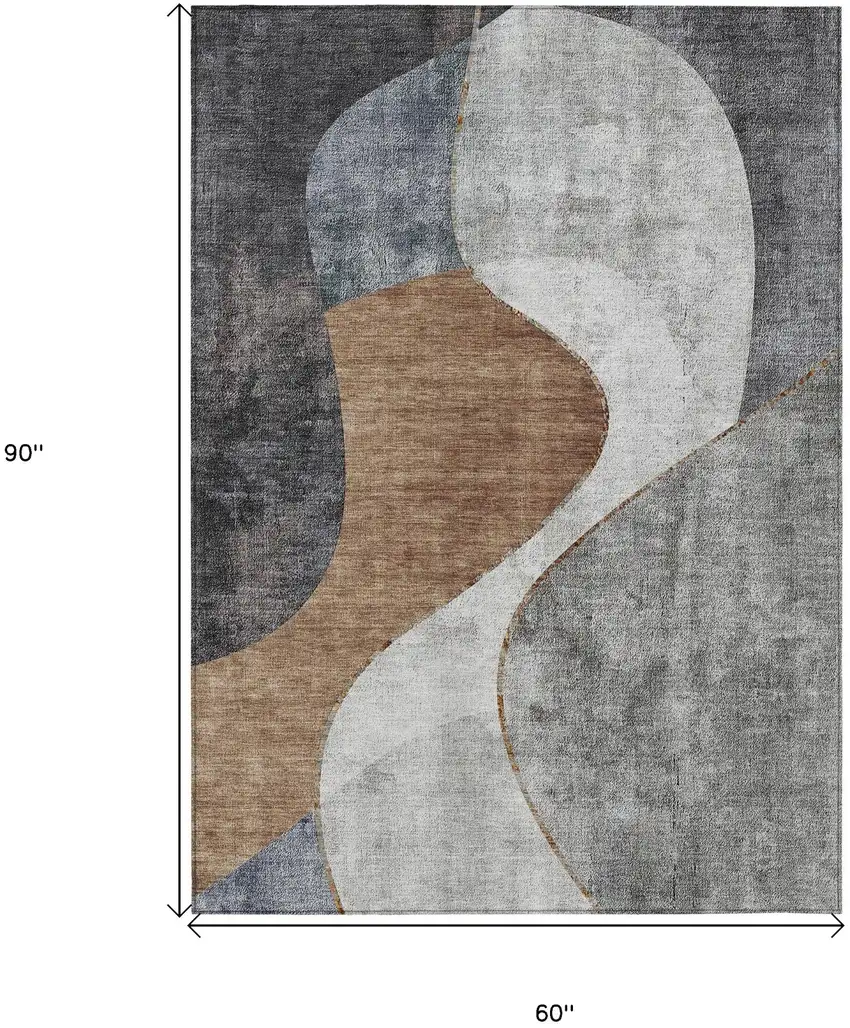 Gray Charcoal And Brown Abstract Washable Indoor Outdoor Area Rug Photo 3