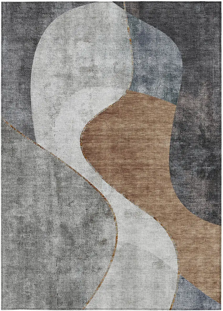 Gray Charcoal And Brown Abstract Washable Indoor Outdoor Area Rug Photo 5