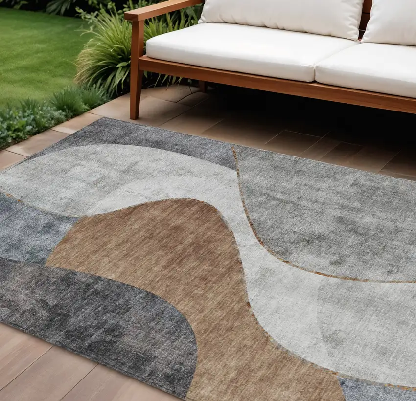 Gray Charcoal And Brown Abstract Washable Indoor Outdoor Area Rug Photo 1