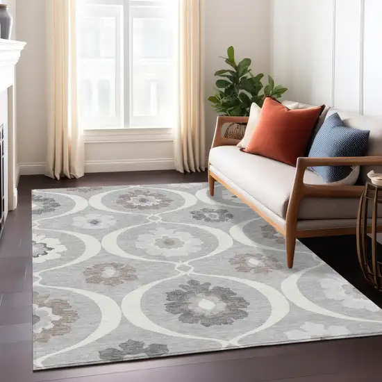 Gray Charcoal And Brown Medallion Washable Indoor Outdoor Area Rug Photo 9