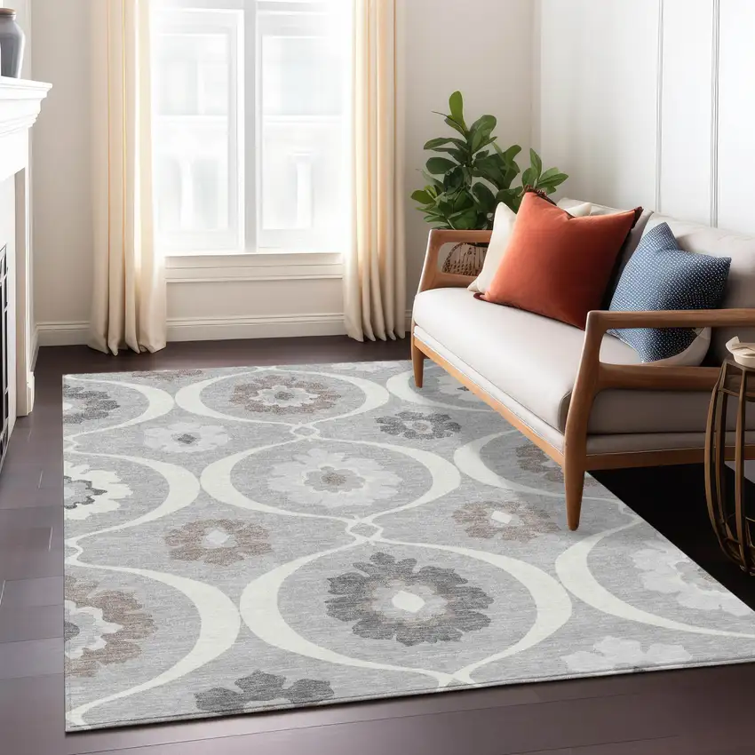 Gray Charcoal And Brown Medallion Washable Indoor Outdoor Area Rug Photo 9