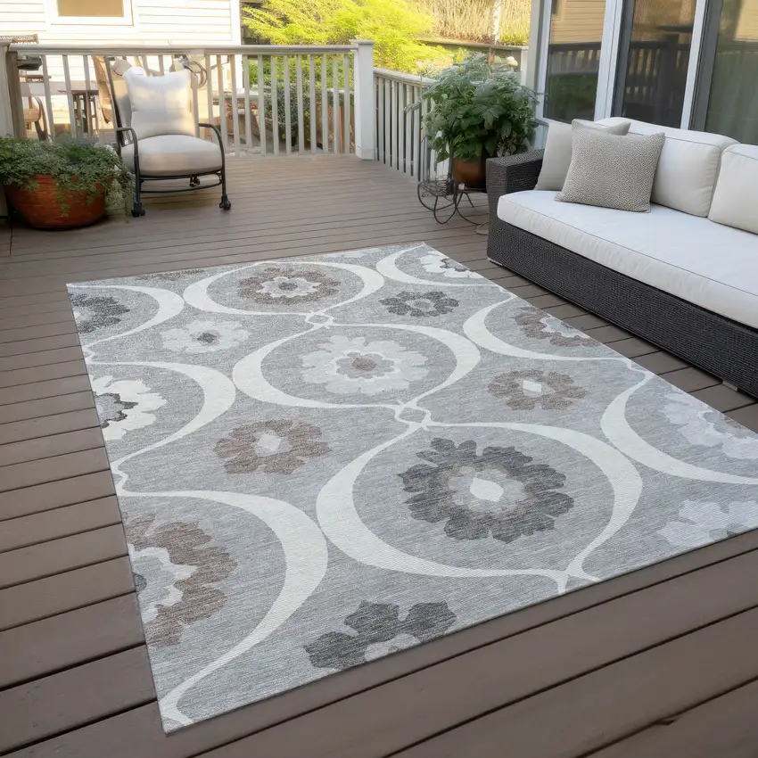 Gray Charcoal And Brown Medallion Washable Indoor Outdoor Area Rug Photo 9