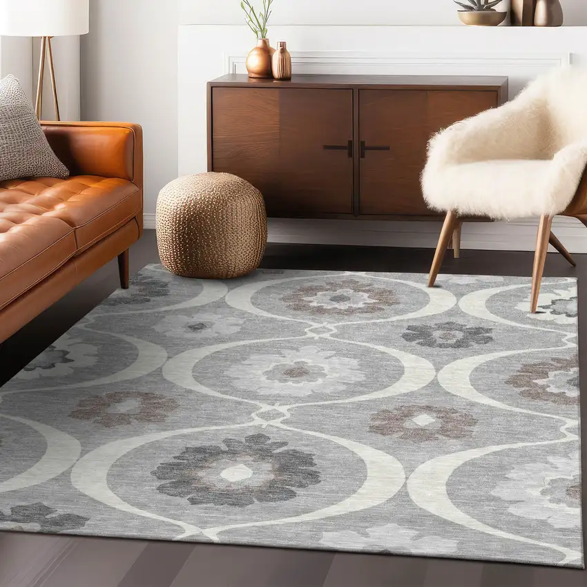 Gray Charcoal And Brown Medallion Washable Indoor Outdoor Area Rug Photo 9