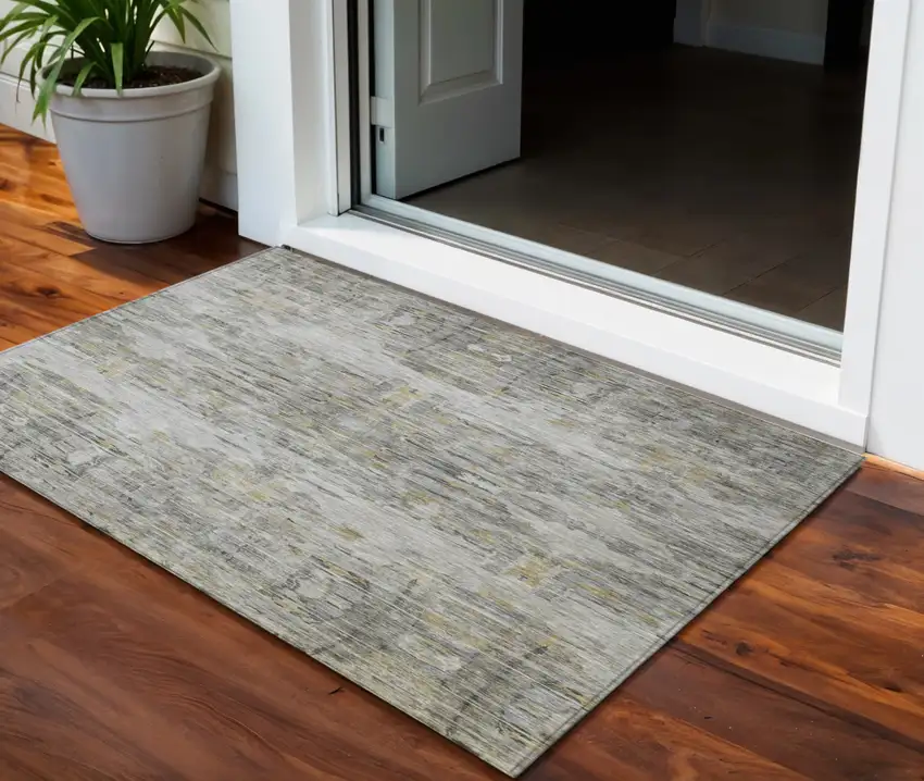 Gray Charcoal And Gold Abstract Washable Indoor Outdoor Area Rug Photo 1