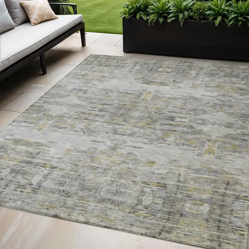 Gray Charcoal And Gold Abstract Washable Indoor Outdoor Area Rug Photo 1