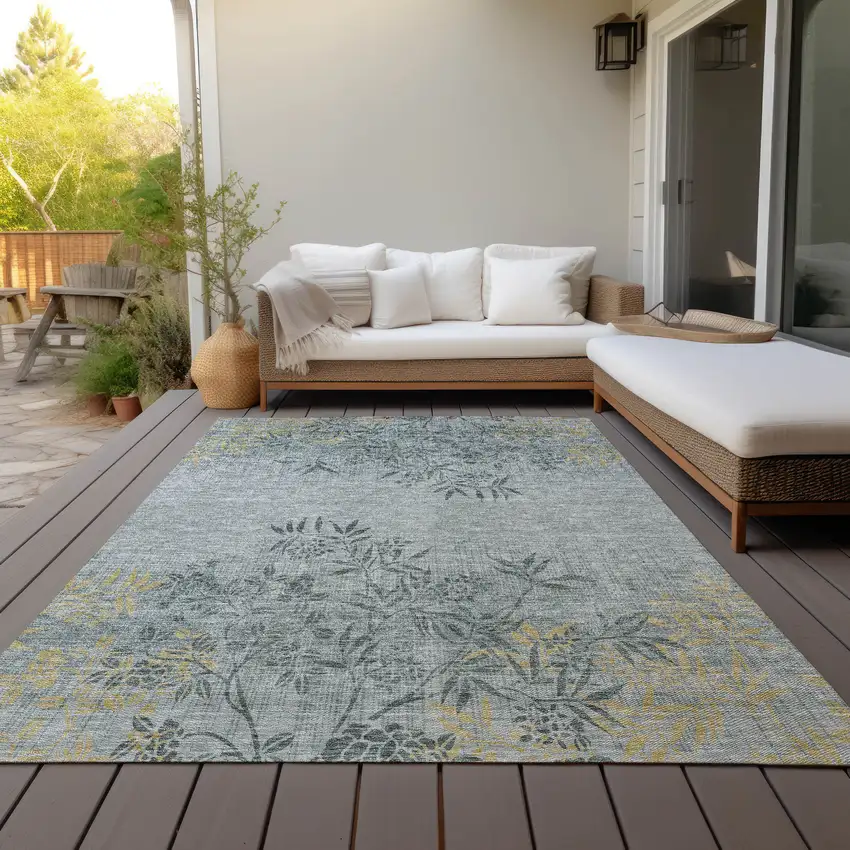 Gray Charcoal And Gold Floral Washable Indoor Outdoor Area Rug Photo 8