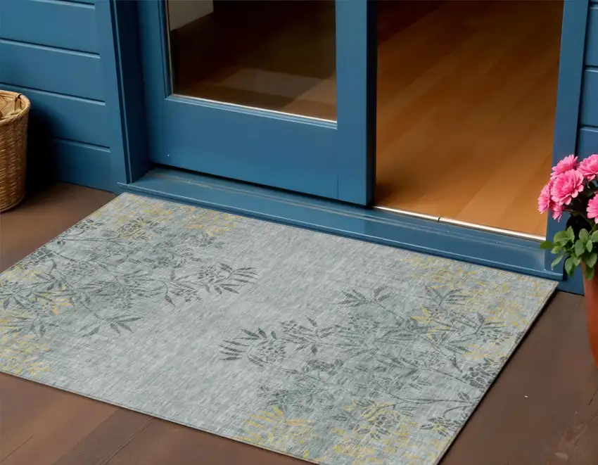 Gray Charcoal And Gold Floral Washable Indoor Outdoor Area Rug Photo 1