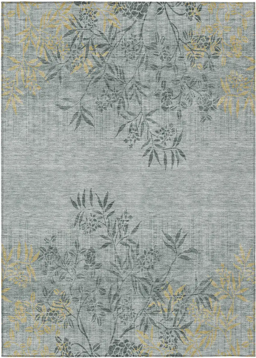 Gray Charcoal And Gold Floral Washable Indoor Outdoor Area Rug Photo 2