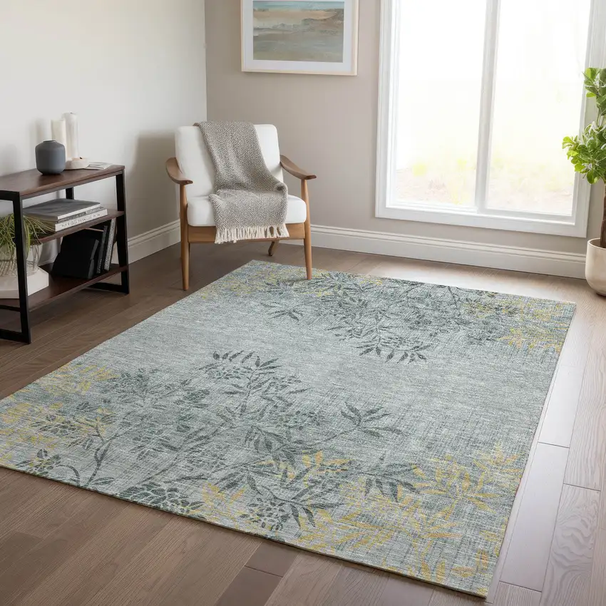 Gray Charcoal And Gold Floral Washable Indoor Outdoor Area Rug Photo 9