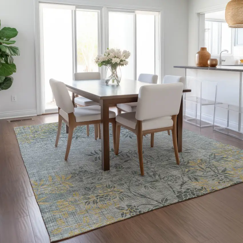 Gray Charcoal And Gold Floral Washable Indoor Outdoor Area Rug Photo 9