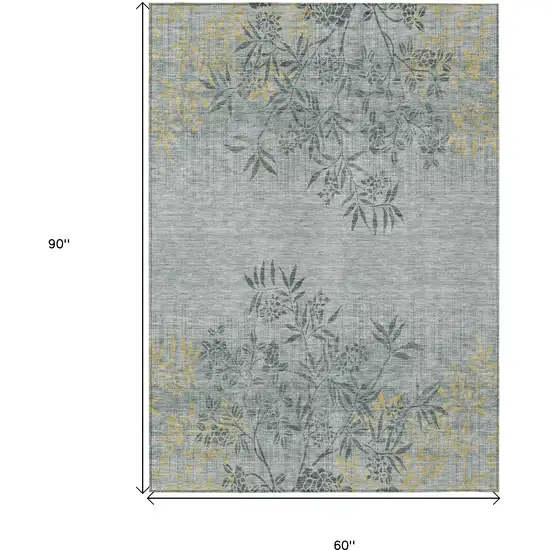Gray Charcoal And Gold Floral Washable Indoor Outdoor Area Rug Photo 3
