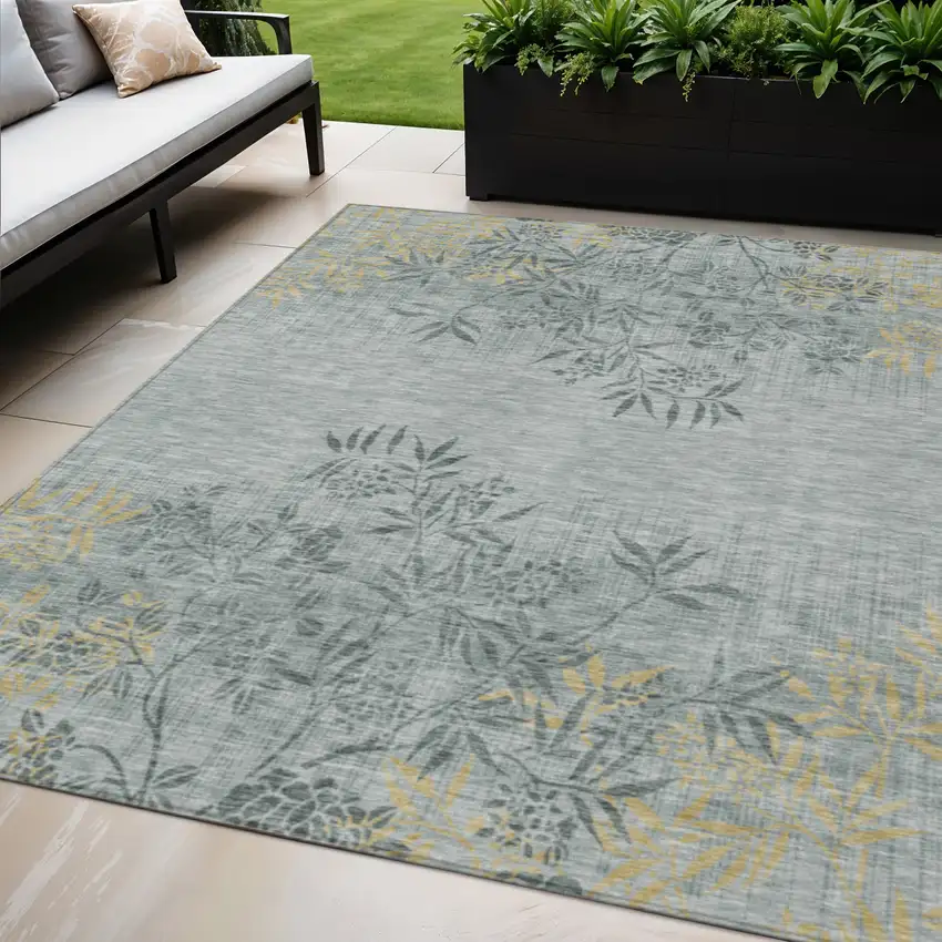 Gray Charcoal And Gold Floral Washable Indoor Outdoor Area Rug Photo 1