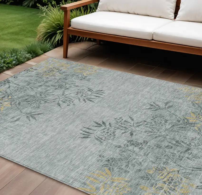 Gray Charcoal And Gold Floral Washable Indoor Outdoor Area Rug Photo 1