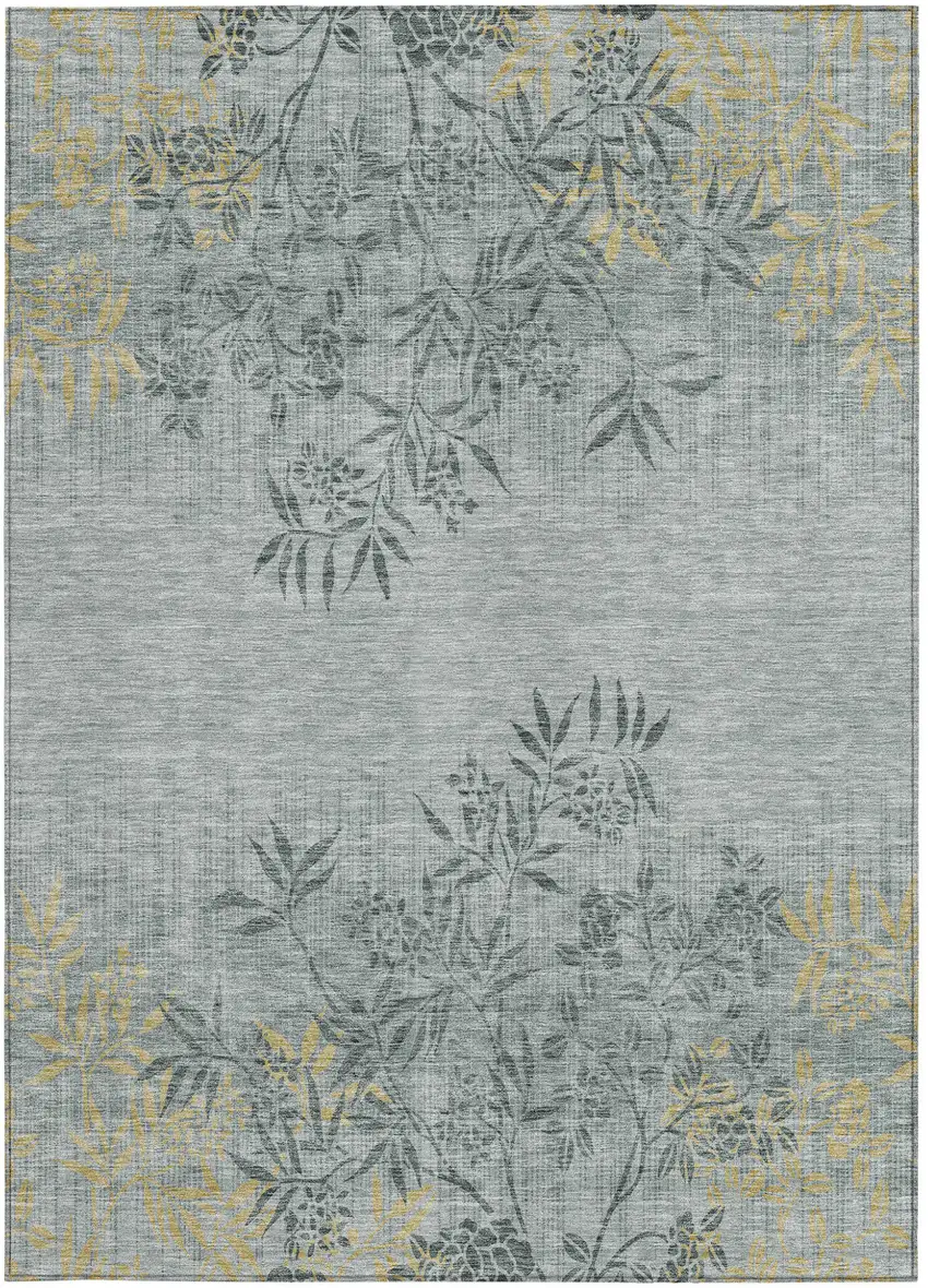 Gray Charcoal And Gold Floral Washable Indoor Outdoor Area Rug Photo 6