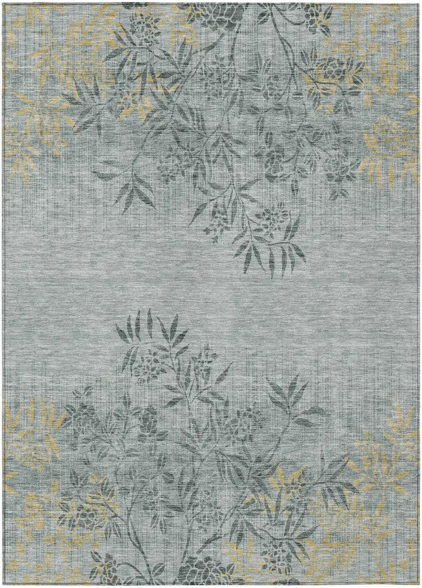 Gray Charcoal And Gold Floral Washable Indoor Outdoor Area Rug Photo 2