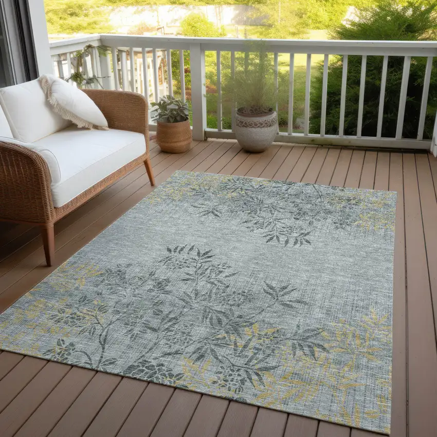 Gray Charcoal And Gold Floral Washable Indoor Outdoor Area Rug Photo 9