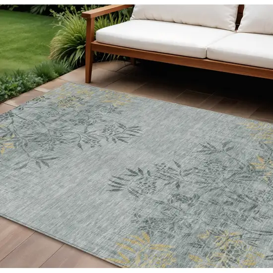 Gray Charcoal And Gold Floral Washable Indoor Outdoor Area Rug Photo 1