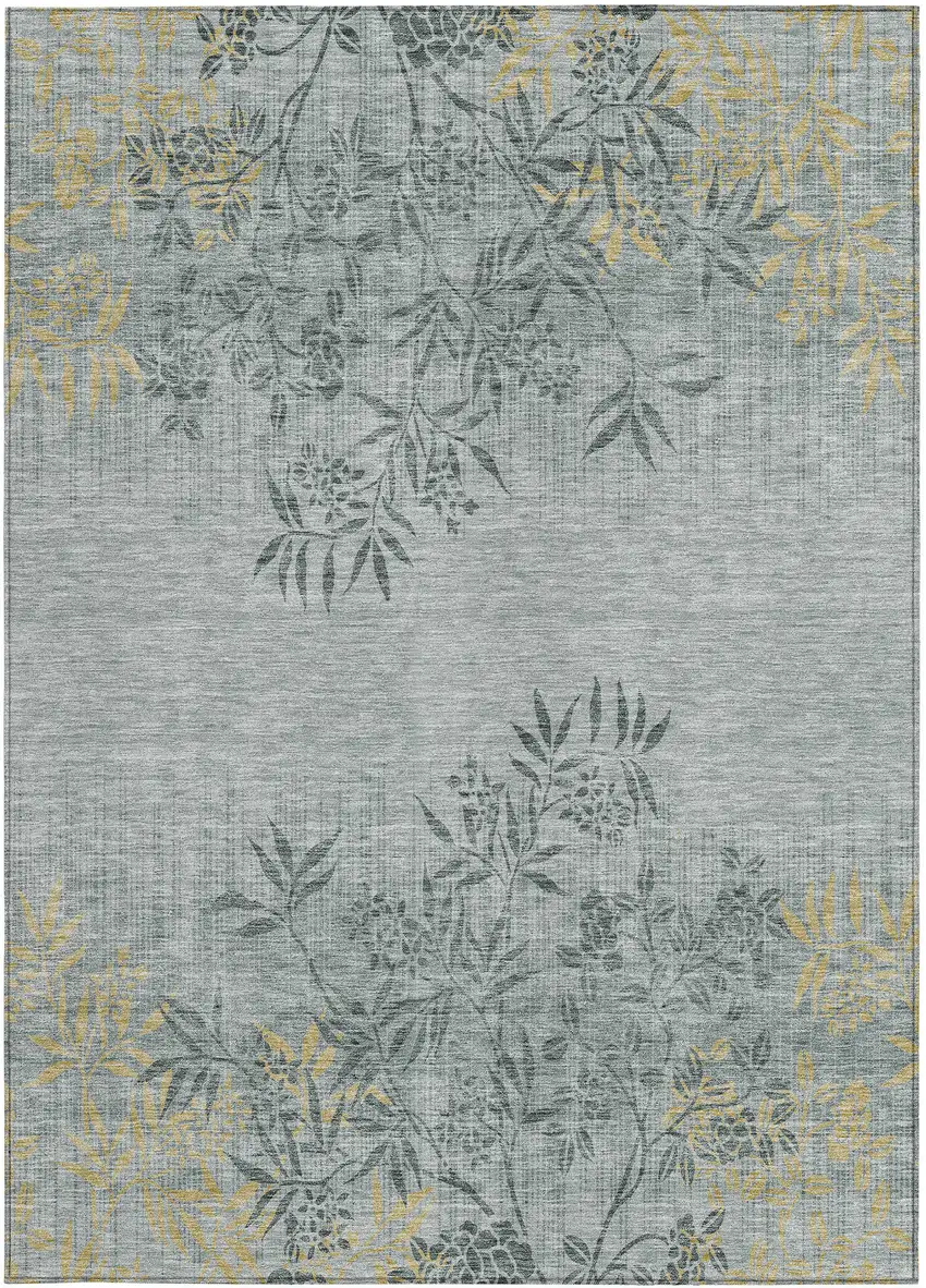 Gray Charcoal And Gold Floral Washable Indoor Outdoor Area Rug Photo 7