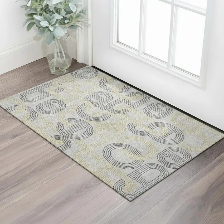 Gray Charcoal And Gold Geometric Washable Area Rug With UV Protection Photo 2